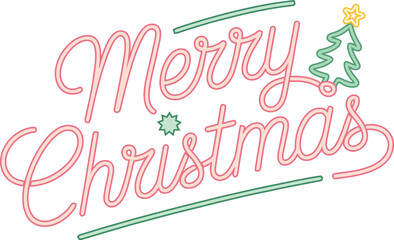 Retro neon merry christmas greeting with festive elements