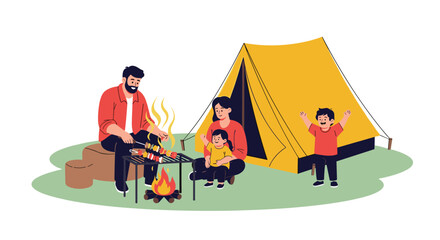 Friends gather for a barbecue cooking on a grill in a cheerful outdoor setting.