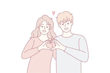 young couple making heart gesture, pastel illustration showing smiling partners forming heart with hands, warm affectionate mood, minimal line art, romantic celebration, gentle expressions
