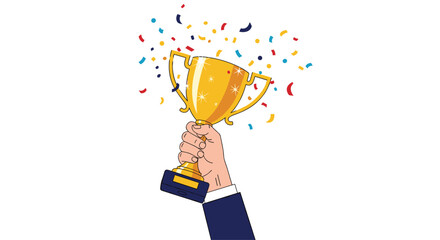 Hands hold up a golden trophy cup amidst confetti celebrating a victory or achievement.