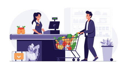 A woman shops in a supermarket her cart filled with groceries while a cashier assists at the checkout.
