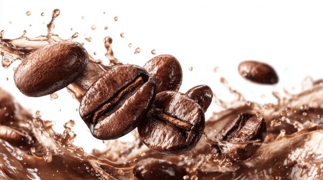 Dark roasted coffee beans leap into a rich creamy liquid creating a lively splash. The scene captures the essence of coffee culture and energy showcasing freshness and movement.