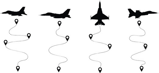 Silhouette fighter jets with dotted flight paths, aviation route icons, military aircraft travel map concept, aerial navigation illustration, jet trajectory design for aviation graphics