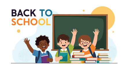 Diverse students and a teacher are back in a classroom ready for a new school year.