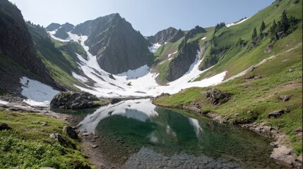 Clear alpine water reflects towering mountains partially covered in lingering snow patches