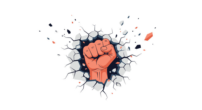 Powerful red fist smashes through a white wall representing strength protest and breaking barriers.