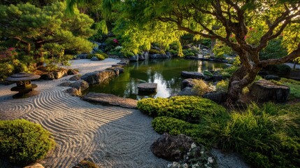 Naklejka premium A peaceful Japanese garden features a calm pond surrounded by rocks and lush greenery. Raked sand patterns create harmony as the sun sets enhancing the tranquil atmosphere.