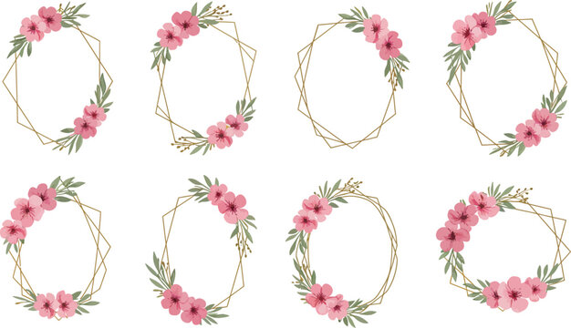 Collection of elegant oval floral frames with delicate pink flowers and green leaves