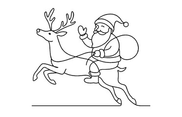 Santa Claus Riding Reindeer Line Art – Christmas Holiday Outline Illustration