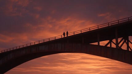 Silhouetted figures walk across an arched bridge during a tranquil crimson sunset