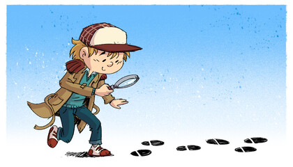 Boy detective observing footprints with a magnifying glass
