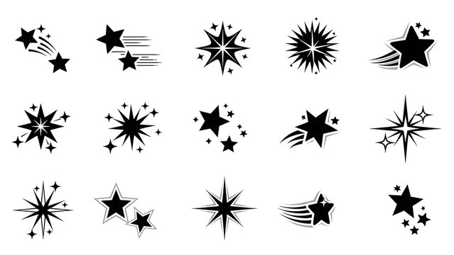 Star and sparkle icon set. collection of various black graphic elements representing stars, awards, magic, light, and rating.