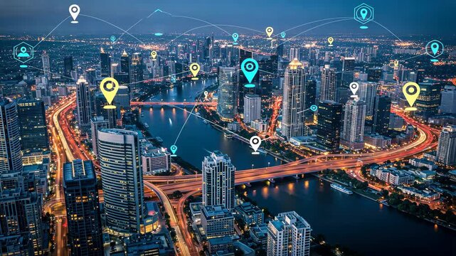 Aerial view of glowing city with digital location pins and connected roads, representing iot concept and sensor technology