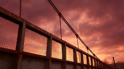 Dramatic crimson sunset over a weathered industrial bridge railing