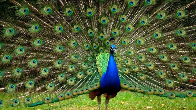 A regal peacock displays its vibrant plumage, showcasing a kaleidoscope of colors on a grassy field