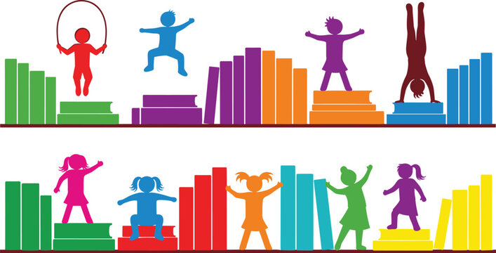 Colorful silhouettes of happy children playing on stacks of books education vector banner illustration. - Powered by Adobe