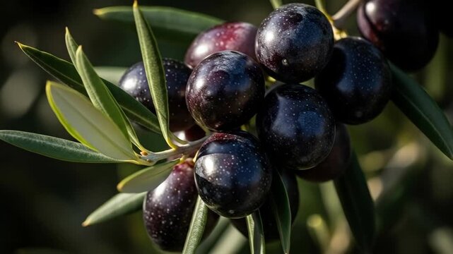 Ripe olives glistening under sunlight on olive tree branches