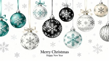 Christmas ornaments with snowflake patterns hanging against a white background with festive text.
