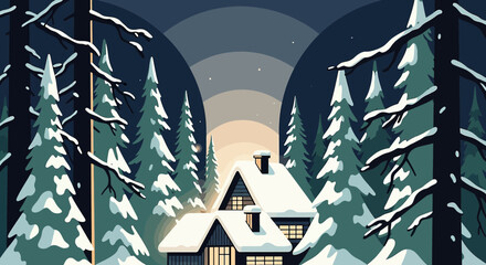 A serene snowy cabin retreat nestled amidst towering pine trees under a twilight sky