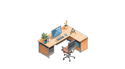 Isometric view of a desk with computer plants and chair on a black background illustration on transparent background