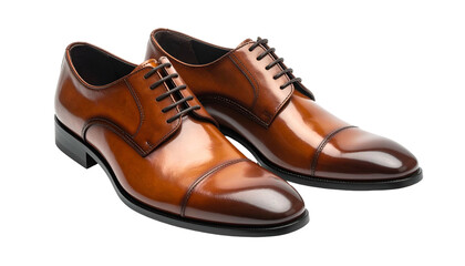 Gleaming brown leather cap-toe dress shoes, laced, against black