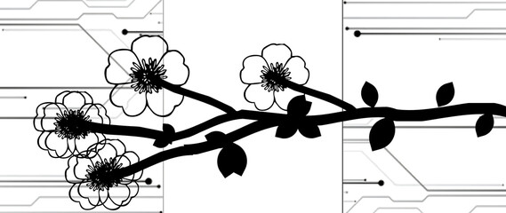 Minimalist Black and White Graphic Design Featuring a Silhouette of a Flowering Branch Intersected...