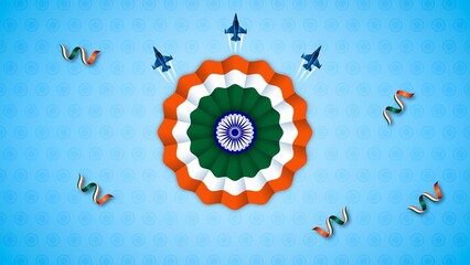 Patriotic India Flag Theme Badge and Ribbon Design with Airplane