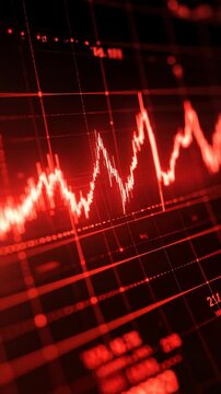 Fluctuating chart graph in bright red on black backdrop representing market crash, loss, financial decline, economy going bad