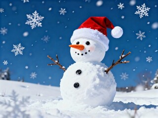 Obraz premium Snowman wearing a red Santa hat in a snowy winter landscape with falling snowflakes