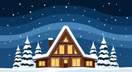 Naklejka premium A-frame cabin nestled among snow-covered evergreen trees under a starry winter sky creating a