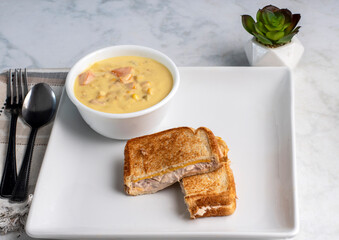 chicken corn chowder  with tuna melt sandwich