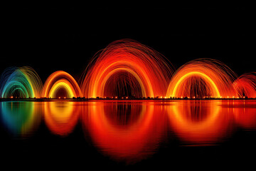 Colorful fire arc light painting reflected on water creating vibrant rainbow arches and glowing streaks at night evoking energy and celebration