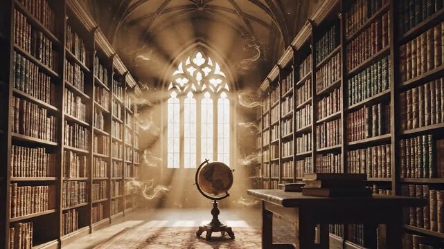 Ancient library interior sunlight dusty rays books globe