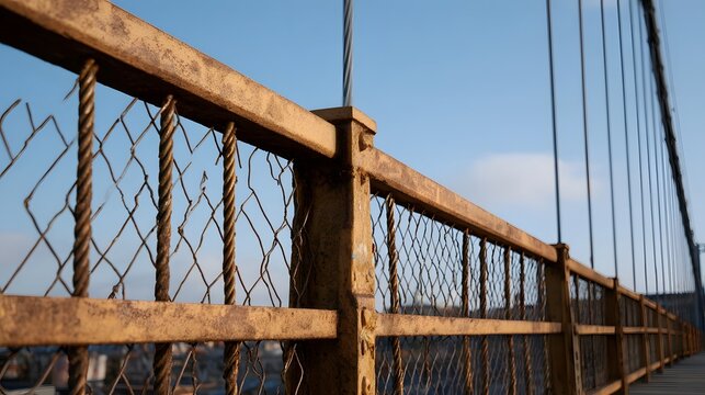 Close up view of a weathered rusty metal bridge railing with chain link fencing and steel cables against a clear blue sky - Powered by Adobe