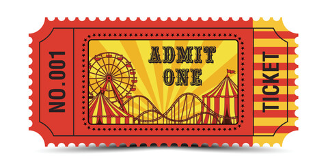 Vintage Carnival Admit One Ticket in Red and Yellow Featuring Ferris Wheel, Roller Coaster, Circus Tent, Star Border, and Retro Amusement Park Design for Fair, Festival, and Event Entry © SonojART