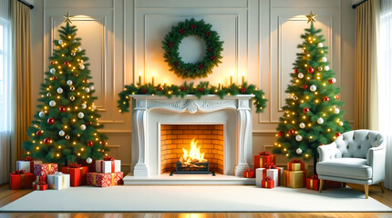 Cozy christmas living room with fireplace and decorated trees