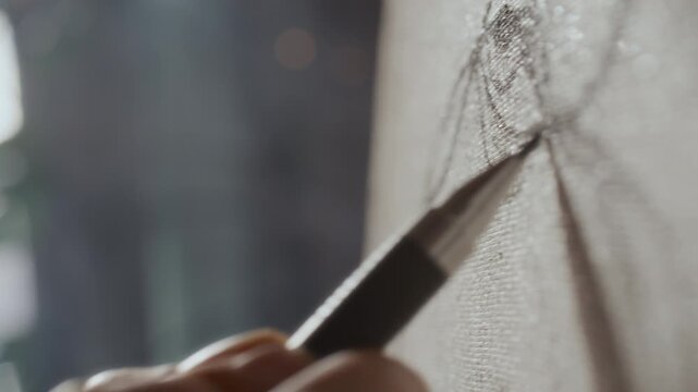 Extreme close up view of hand of unrecognizable artist sketching eye outline with mechanical pencil on canvas in art studio, soft bokeh lights visible in background