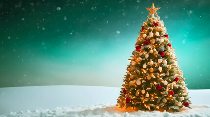 Illuminated christmas tree in snowy landscape under aurora borealis