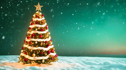 Decorated christmas tree in snowy winter landscape with falling snow