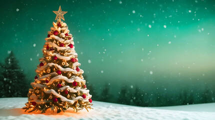Festive snowy christmas tree illuminated under a starry green sky