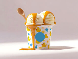 Delicious vanilla ice cream scoops with caramel sauce in a fun patterned cup