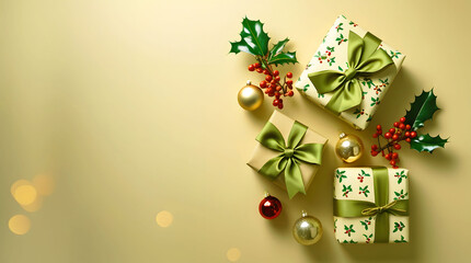 Festive christmas gifts with green ribbons and holly berries on a soft yellow background