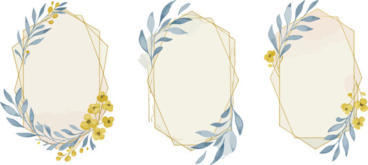 Elegant watercolor floral frames with delicate leaves and yellow flowers