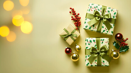 Festive christmas gifts and ornaments with bokeh lights
