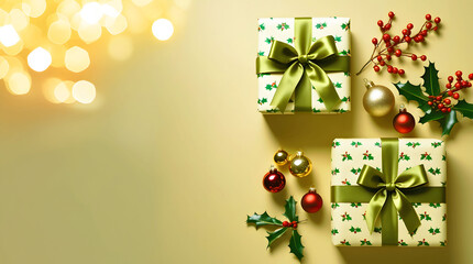Festive christmas gifts and ornaments with soft bokeh lights