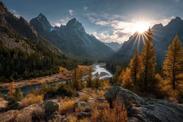 Majestic Mountain Vista: A breathtaking panoramic view unfolds, showcasing towering mountain peaks piercing the sky as a river meanders through a vibrant valley.