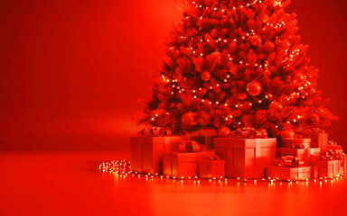 Festive red christmas tree with gifts and bokeh lights