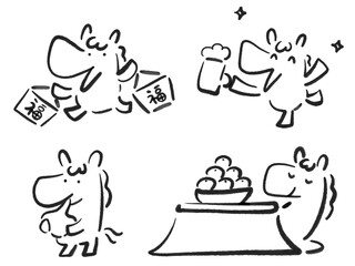 新年を楽しむかわいい馬のモノクロ正月セット　筆絵・福袋・ビール・お餅・こたつ