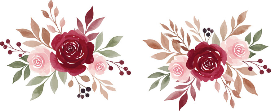 Two watercolor floral arrangements with deep red and pink roses and muted green foliage