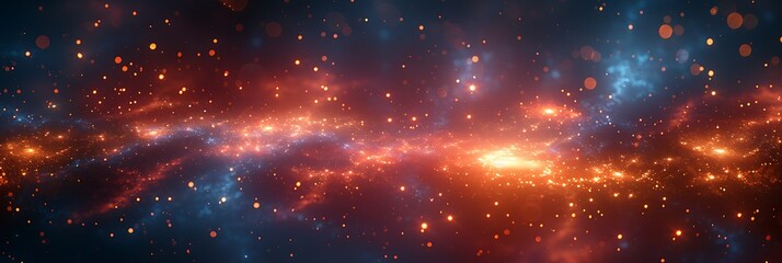 Panoramic view of a vibrant cosmic nebula filled with glowing particles and stellar dust, a celestial phenomenon
